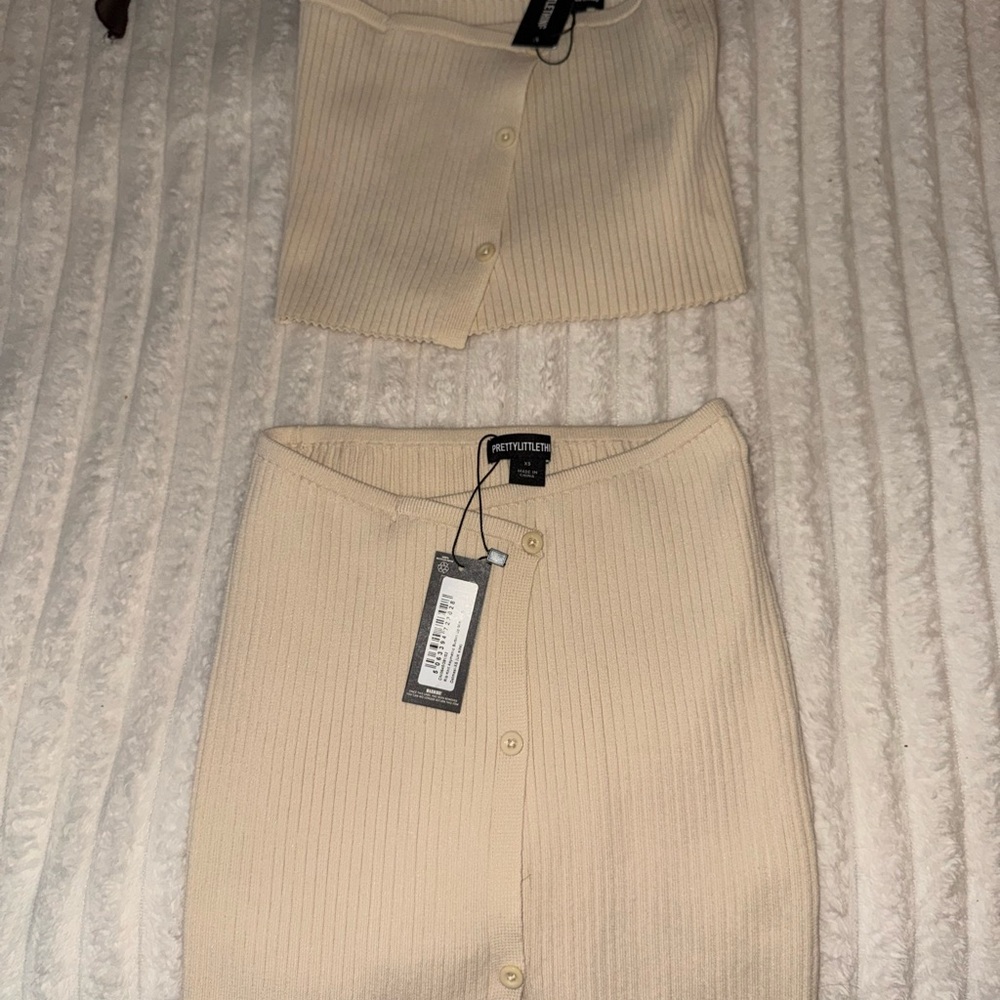 PrettyLittleThing Beige Ribbed Skirt Set